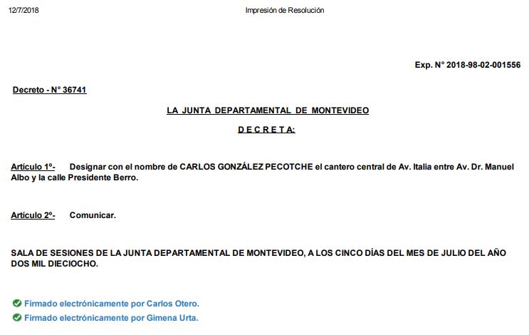 resolución cantero av italia nombre González Pecotche en Montevideo